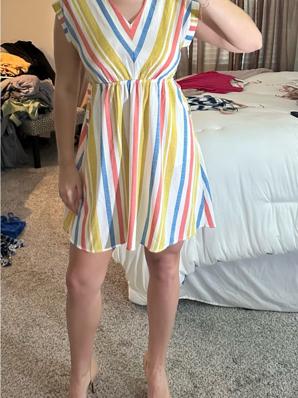 Monteau Multi-Color Striped V-Neck Midi Dress